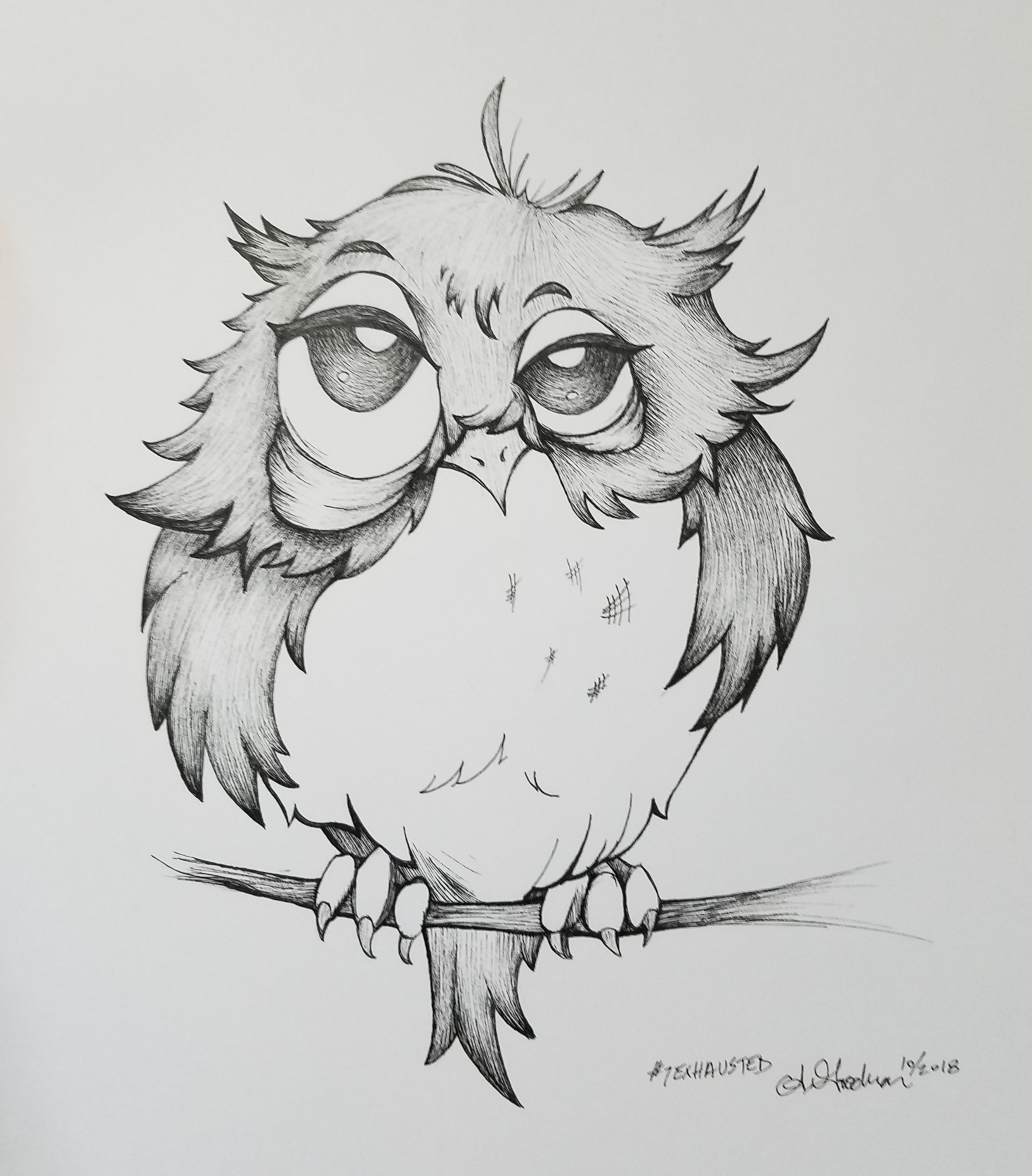 Inktober Day 7 Exhausted by Alecia Goodman owl ink drawing 2018