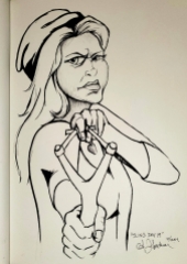 Warrior Woman aiming slingshot ink drawing by Alecia Goodman