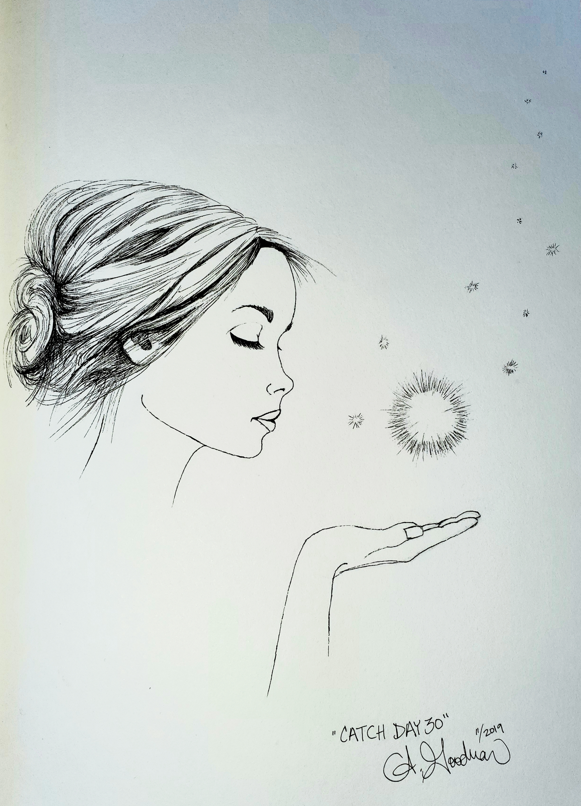 Ink drawing of woman catching a light by Alecia Goodman