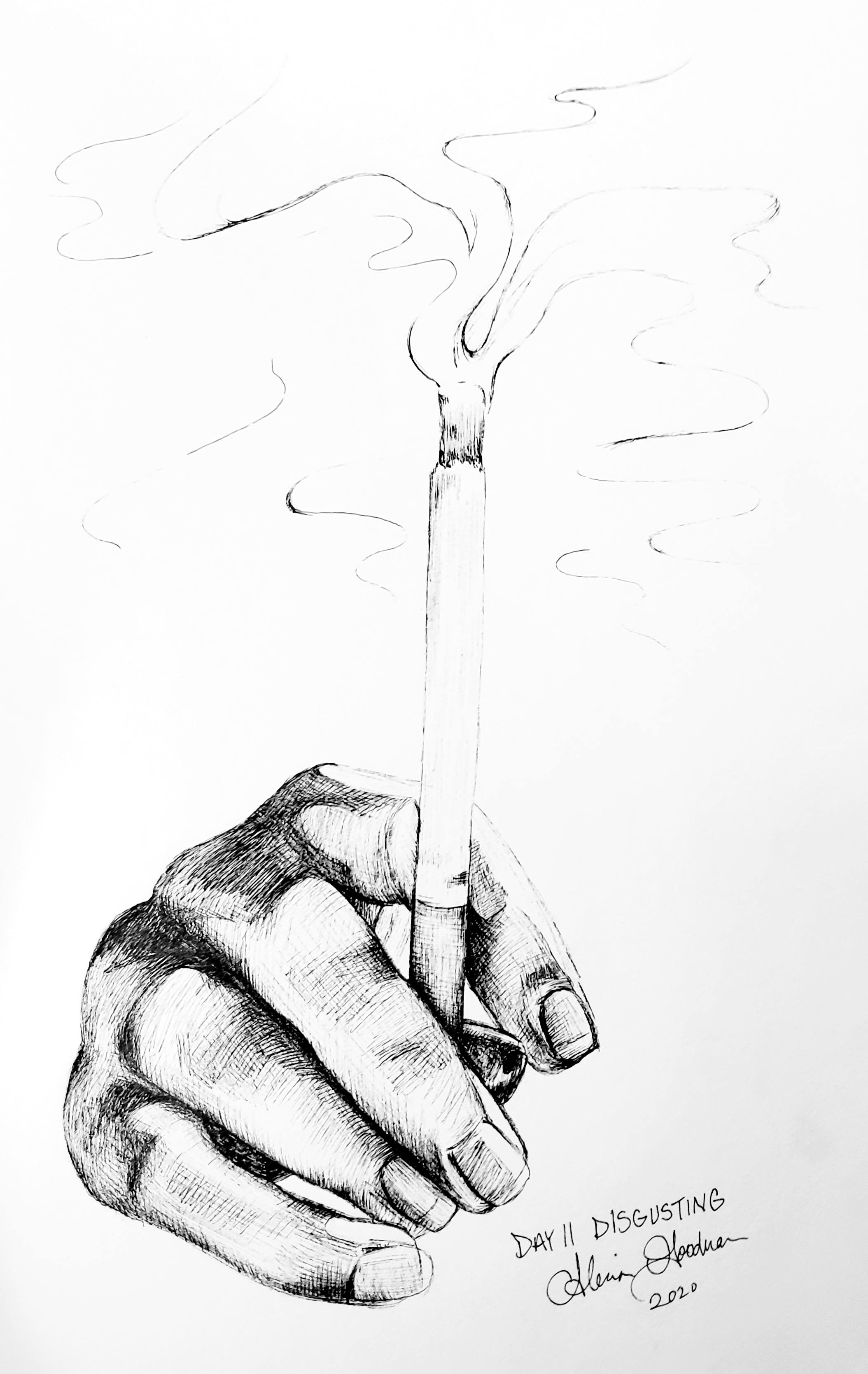 Inktober Day 11 Disgusting ink drawing of hand holding a cigarette by alecia goodman 2020 to present