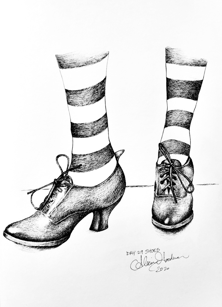 Inktober Day 29 Shoes ink drawing witch shoes with striped stockings by alecia goodman 2020 to present