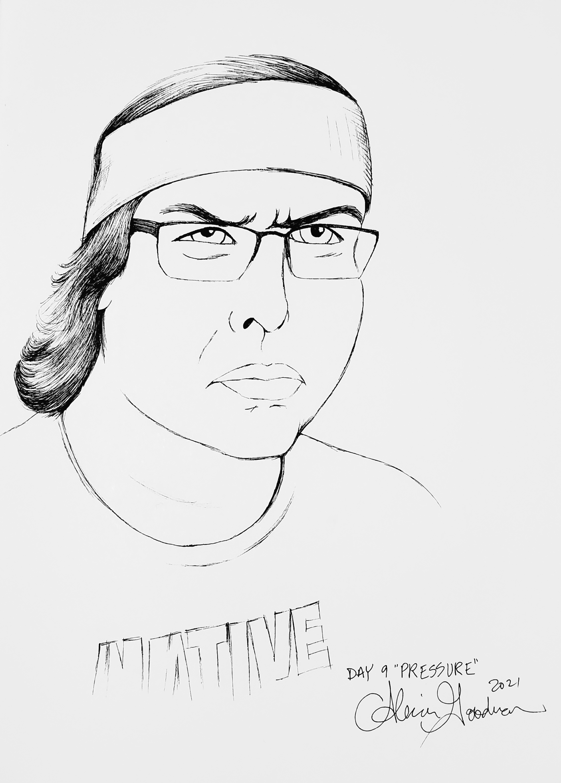 Inktober Day nine Pressure ink drawing of glaring American Indian guy with headband and glasses by Alecia Goodman copyright 2021 to present goodman to present