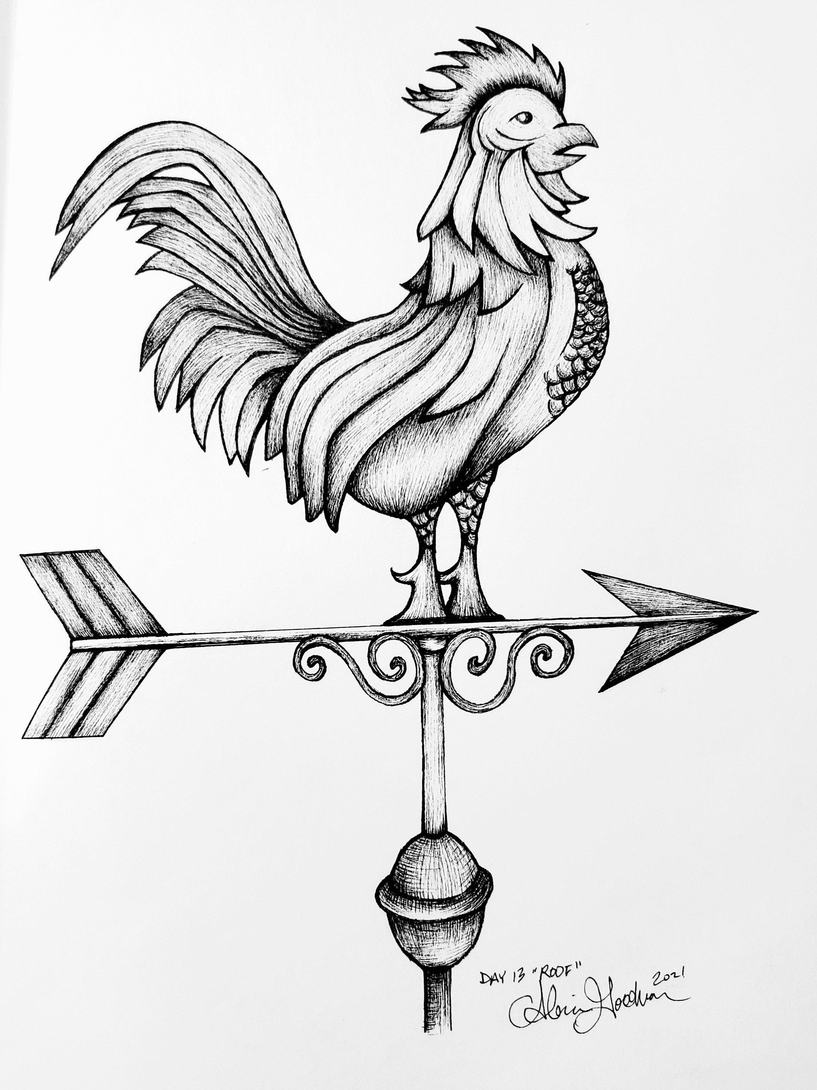 Inktober Day 12 Roof ink drawing of weather vane rooster by alecia goodman copyright 2021 to present 