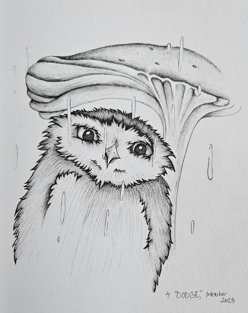 Owl dodging the rain by hiding under a mushroom ink drawing by alecia goodman copyright 2023 to present